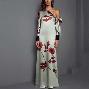 Parti Elbiseleri 2021 Moda Çiçek Baskı Düz ​​Uzun Kollu Kapalı Omuz Yay Sonbahar Gelin Elbise Mother Rahat Akşam Elbise Prom Robe T220930