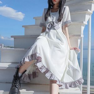 Sıradan Elbiseler Kadın Elbise Beyaz JK Lolita Y2K Vintage Gotik Yay Beyin Stili Kızlar Japon Denizci Takımları Midi Kısa Kollu Yaz