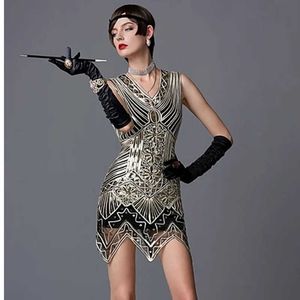 Parti Elbiseleri Kadın 1920'ler Sequin Boncuklu Tasseller Hem Shopper Elbise Kolsuz Altın İplik Nakış Fringe Great Gatsby Parti Elbisesi T220930