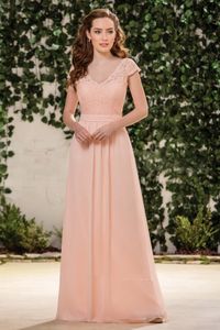 Şeftali Şifon A-line Nedime Elbise Uzun V-Gutp Kapağı Plaj Bahçesi Düğün Ellikleri Dantel Üst Zarif Kat Uzunluğu Balo Akşam Giyim