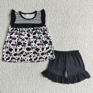 Giyim Setleri Batı İnek Baskı Yaz Çiftliği Giysileri Çocuk Bebek Kız Set Toptan Kid Stripe Üst Siyah Fırfır Şort Kıyafet