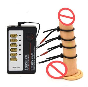 Male Electro Shock 4pcs Anéis elétricos Aperfeiçoamento Penis Extensões Massageador Fetish Bondage BDSM Sex Toy Electrode Gear