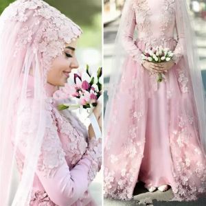 Mulism Bicab gelinlik çiçek dantel aplikeler 2023 Pembe A-line gelin elbisesi uzun kollu yüksek boyunlu orta doğu arap dubai İslam robe de mariee
