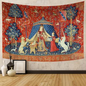 Tapestries Lady And The Unicorn Tapestry Medieval Wall Hanging Printed Home Decor Background Room Covering For Bed 221006