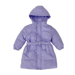 Down Palto Çocuk Orta Uzunluk Ceket Kemeri kapşonlu Sıcak Snowsuit Kız Kış Giysileri 5 Düz Renk 221007