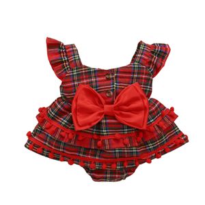 Artırıcılar bebek Noel püsküllüler yeni doğan kız bebek kolsuz kırmızı ekose tulum sevimli yay giysisi kıyafeti j220922
