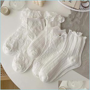 Other Household Sundries Lolita White Lace Socks Women Heart Bowknot Cotton Femme Sweet Jk Ankle Dress Calcetin Medias Drop Delivery Dhiey