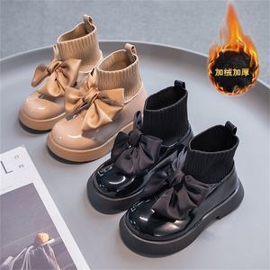 Botlar kızın çorap tıknaz büyük bowtie zarif sevimli çocuklar kısa bot patent deri kış 26-36 moda gemi-on çocuk ayakkabıları 221007