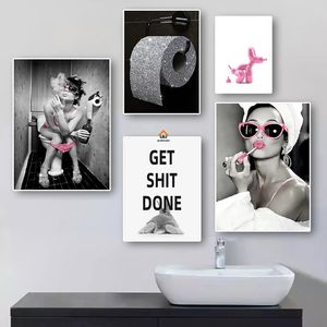 Tuval boyama Suluboya WC Tuvalet Posteri Dekorasyon Moda Seksi Çıplak Kadın Dekoratif Tablolar Bling Rulo Kağıt Tuval Duvar Sanatı Banyo Için Resimler