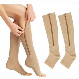 Spor çorapları Unisex Spor Sıkıştırma Uzun Burnu açık Artı Boyutu Diz Yüksek Çorap Fermuarlı Basınç Dolaşımı Iç Çamaşırı
