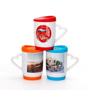 12oz sublimation ceramics mugs tumblers coffee cup with heart handle DIY printing with Silicone coaster and lid wly935