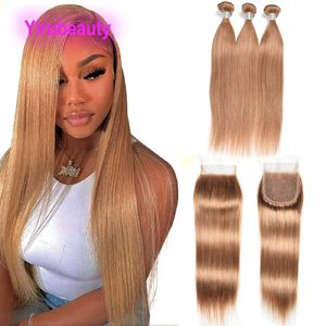 Brazilian Human Hair 27# Bundles With 4X4 Lace Closure Silky Straight Peruvian Virgin Hair Extensions Free Part 10-34inch