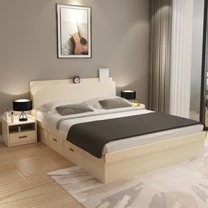 Nordic style modern bedroom furniture large queen king size wooden panel bed with storage bedside cabinet bed frame