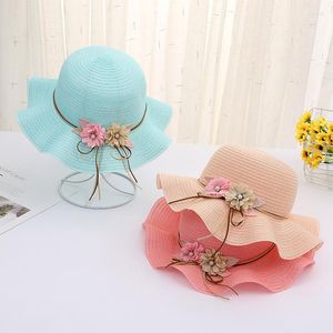 Cappelli larghi Brim Summer Flower Kids Straw Fashion Travel Floppy Floppy Sun Hat Girls Casual Foldible Beach Sht018