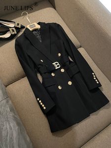 Women's Suits Blazers June Lips Brand High Quality Light Luxury British Temperament Waist Belt West Slim Long Jacket Autumn Winter 221008