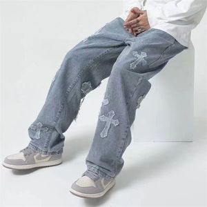 Мужская джинсовая уличная одежда хип -хоп с низким уровнем подъема для мужчин корейские брюки модных брюк Y2K Крест джинсовые штаны Женская грузовая панк -одежда 221008