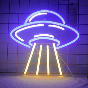 Gece Işıkları UFO Uzaylı Uzay Gemisi LED İşaretleri Mavi Sarı Yatak Odası Akrilik Neon Duvar Işık İşaretleri Çocuklar için Astronomi Aşıkları Okul Bilim Müzesi Dekorasyon
