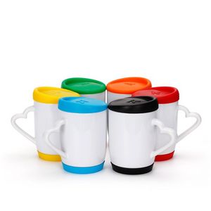 12oz sublimation ceramics mugs tumblers blanks coffee cup with heart handle DIY printing with Silicone coaster and lid wly935