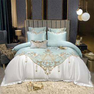 Yatak takımları saten pamuk nakış nevres kapağı seti lüks yeşil beyaz patchwork yatak yatak yatak örtüsü yastık yastık kral kraliçe 221010