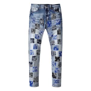 Мужские джинсы Дизайнер с пятнами джинсовые брюки синие брюки растягивание рок -бикер