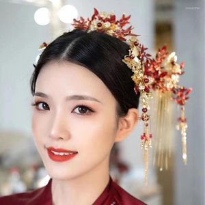 Başlıklar xiuhe giyim başlık gelin saç aksesuarları Phoenix taç kırmızı Çin püskül antik kostüm düğün kadın başlıkları