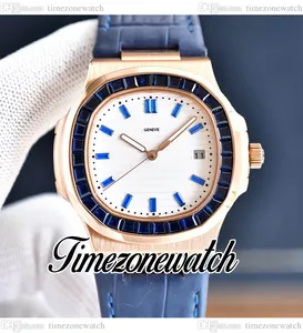 40 мм 5711 Автоматические мужские часы с белым текстурным циферблатом 5711/1300A Корпус из розового золота с бриллиантами Прямоугольник Синие драгоценные камни Безель с кожаным ремешком Часы Timezonewatch E234A6