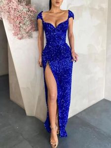 2022 Mermaid Evening Dresses Wear Prom Dress Sexy Royal Blue Arabic Aso Ebi Sequined Lace Sequins Beaded Cap Sleeves Formal Party Gowns Side Split