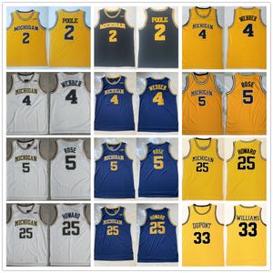 NCAA Michigan Wolverines College 5 Jalen Gül Basketbol Formaları 4 Chris Webber 25 Juwan Howard 2 Poole 33 Jason Williams Dikişli Jersey