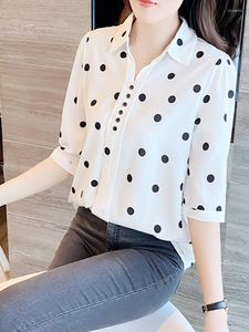 Женские блузкие блузок в горошек Женская рубашка летняя шифоновая пуговица с половиной рукава вверх офисные дамы топ -камиса. Пуловер мода мода 2022