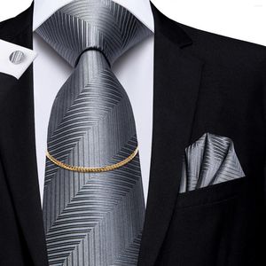 Bow Ties Hi-Tie Design moda masculino cinza Hanky ​​Bufflinks Conjunto de seda Luxury Nickties Chain for Men Classic Business Wedding