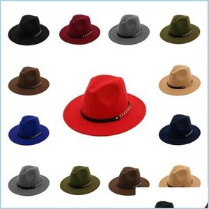 Stingy Brim Hats Mens Womens Jazz Top Fedora Hat Fashion Cap For Men Women Elegant Woolen Felt Hats Female Band Wide Flat Brim Stylis Dhm1K