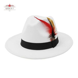 Beanie/Kafatası Kapakları qbhat Yapay Yün Fedora Şapkaları Kadın Erkekler Feath Band Beyaz Şapka ile Vintage Style Felt Stil