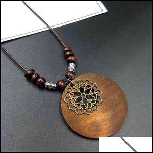 Pendants Ethnic Round Wooden Leaf Owl Long Sweater Chain Necklace Women Retro Clock Pendant Female Jewelry Neck Accsori Gifts Collar Otkgh