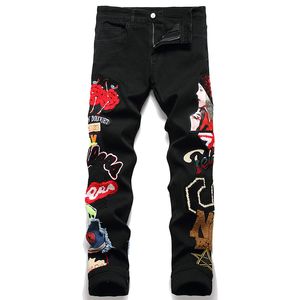 Мужские эластичные облегающие черные джинсы, весна-осень, брюки-карандаш с вышивкой, рваные узкие уличные джинсовые брюки-карандаш в стиле панк