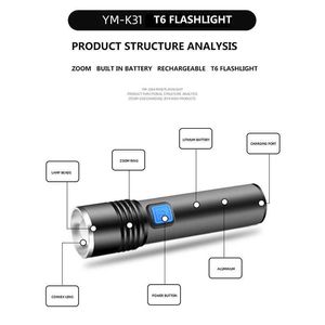 Meşaleler Fenerler Zoomable 8000lm XM-L T6 Güç Bankası LED Fence Işığı Torçu 3 Modlar Anahtar Zoom Lens Şarj Edilebilir Pil Kampı L221014