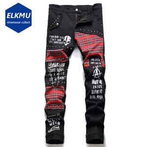 Erkekler kot pantolon punk denim pantolon kafatası patchwork sokak kıyafeti hip hop erkekler harajuku ekose moda ince siyah pantolon 221014