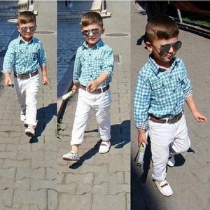 봄 가을 아기 소년 의류 세트 신사 정장 어린이 긴 소매 격자 무늬 셔츠 흰색 바지 벨트 3pcs 어린이 의상