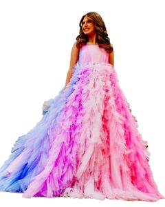 Ombre Pembe Kız Pageant Elbise 2023 Kristal Kanat Balkown Square Küçük Çocuklar Doğum Günü Resmi Parti Gown Toddler Gençler Mavi Çok Kontrast Renk Fırıltılı Tier Tül