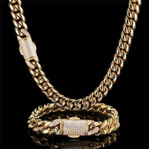 12mm 18-24inch 18K Yellow Gold Plated Stainless Steel Cuban Chain Necklace 7 8inch Bracelet Links for Men Women Gift