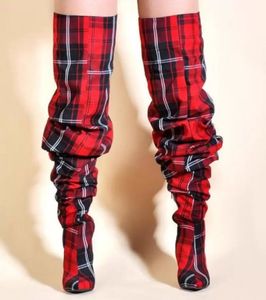 Folds Shoes Women Pleated Boots Over The Knee Boot Womens High Heels Sexy Winter Plaid Red Yellow Red Limited Edition