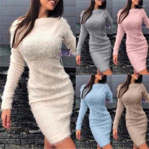 Günlük Elbiseler Yuvarlak Boyun Uzun Kollu Kadın Bodycon Elbise Sonbahar Kış Kılıf Ofis Bayan Katı Midi Kazaklar