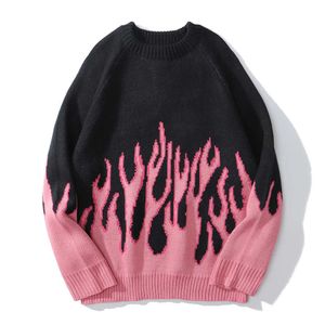 Мужские свитера розовый пламя с плеч женщин Осень Негабаритная Крадочная одежда