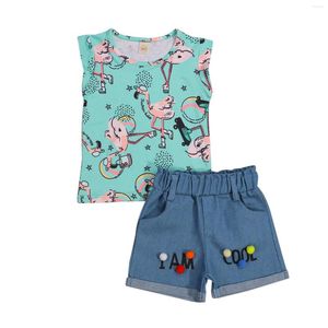 Giyim Setleri Bebek Çocuk Bebek Kız Toplar Şort Takım Flamingo Baskılı Karikatür Kolsuz Yelek Denim Kıvırcık Kenar Gevşek Pantolon 1-5T