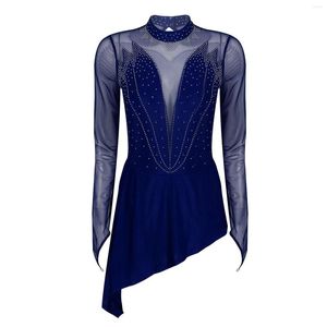 Stage Wear Womens Ladies Figura Pattinaggio su ghiaccio Roller Ballet Dance Costume Halter Strass Manica lunga Dancewear Training