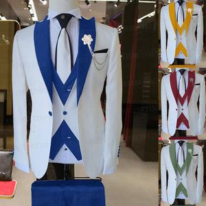 Erkek Suit 2022 Marka Takım Erkekler 3 Parça Damat Düğün Seti Moda Tasarımları Beyaz İş Ceketi Yelek Kraliyet Mavi Pantolon Elbise Smokin