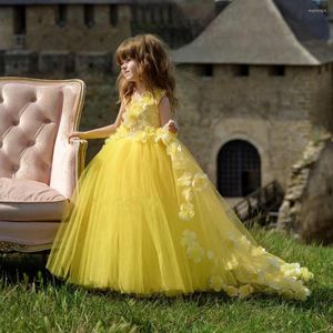 Kız Elbiseler 2022 Prenses Parlak Sarı Bahçe Çiçek Kızlar Düğün Balo Kıyısı Tül Küçük Çocuk Pageant önlükleri