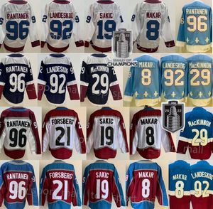 Erkek buz hokeyi 8 Cale Makar Forma 29 Nathan MacKinnon 92 Gabriel Landeskog Mikko Rantanen Joe Sakic Peter Forsberg Burgundy Blue Beyaz Ters Ters Retro Şampiyonlar