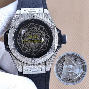 Full Diamond Watch çerçevesi 45mm 904L Paslanmaz Stell Kılıf Miyota Mekanik Otomatik Hareket Erkekler Kauçuk Hızlı Serbest Bırakma Saat Bandı Geometrisi Kadran Bilgi Saati