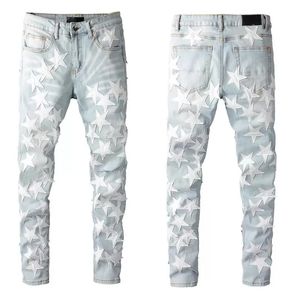 Erkek Skinny Jeans Erkek Pantolon Tasarımcı Kot Gri Rip Denim Biker Boya Sıkıntı Pantolon Kemik Slim Fit Streç Motosiklet Yıldız Cadılar Bayramı Hip Hop Düz Streetwear