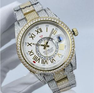 Роскошное качество моды моды Мужские мужские часы Скай Ice Out Diamond Watch Двухтонный золотой сапфировый стеклянный белый лицо 42 -мм автоматическое движение